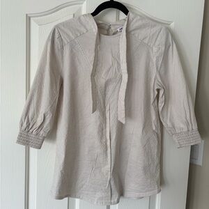 Cream Striped Tie-Neck Blouse with Smocked Cuffs - Women